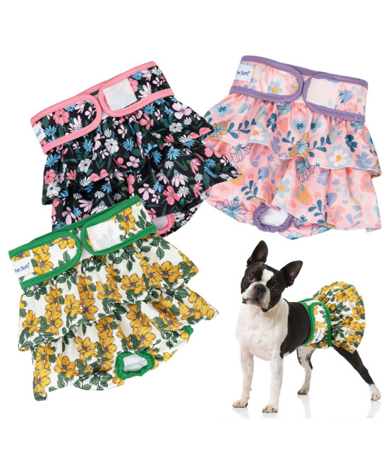 Pet Soft Washable Female Diapers (3 Pack) - Female Dog Diapers, Dress Style Comfort Reusable Doggy Diapers for Girl Dog in Period Heat (Floral, M)