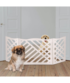 Bundaloo Freestanding Dog Gate Expandable Decorative Wooden Fence for Small to Medium Pet Dogs, Barrier for Stairs, Doorways, & Hallways (Geometric)