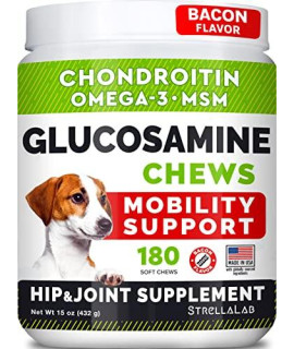 STRELLALAB Glucosamine Treats for Dogs - Joint Supplement w/Omega-3 Fish Oil - Chondroitin, MSM - Advanced Mobility Chews - Joint Pain Relief - Hip & Joint Care - Bacon Flavor - 180 Ct - Made in USA