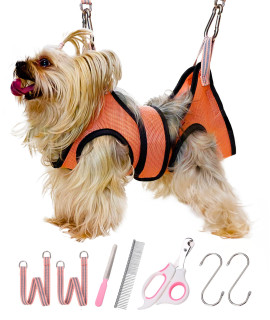 Kkiimatt 10 in 1 Pet Grooming Hammock Harness with Nail Clippers/Trimmer, Nail File, Comb,Dog Nail Hammock, Dog Grooming Sling for Nail Trimming/Clipping (XXS/Under 10lb, Pink Orange)