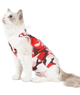 TORJOY Cat Surgical Recovery Suit, Abdominal Wounds Cone E-Collar Alternative Anti-Licking Or Skin Diseases Pet Surgical Recovery Pajama Suit, Soft Fabric Onesies for Cats (L, Red)