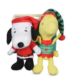 Peanuts for Pets 9 Inch Holiday Snoopy & Woodstock Big Head Plush Dog Toys with Squeaker 2 Piece Squeaky Dog Toy Set, Santa Snoopy & Elf Woodstock Stuffed Plush Dog Toys (FF15308-22)