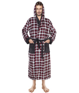 NY Threads Mens Hooded Fleece Robe - Plush Long Bathrobes(Black Plaids, LargeX-Large)