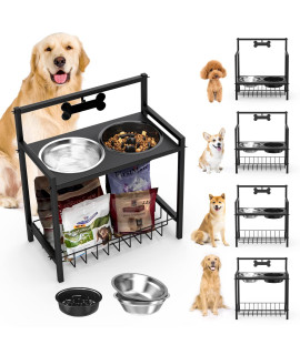 Lewondr Elevated Dog Bowls for Large Dogs with Slow Feeder Dog Bowl, 4 Heights (5,8,11,14) Adjustable Raised Dog Bowl Iron Stand with Name Tag, Stainless Steel Dog Food Water Bowls & Storage Rack