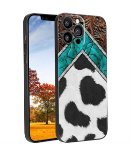 compatible with iPhone 14 Pro case, Western cow Print Turquoise and Brown Animal Print country chic graphic Design for iPhone case Men Women, Soft Silicone Trendy cool case for iPhone