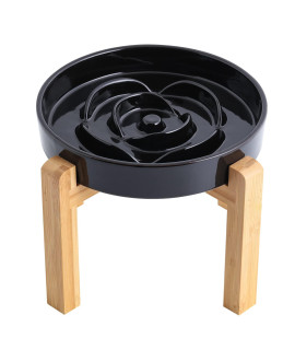 Addogyy Black Elevated/Raised Dog Bowl Ceramic Slow Feeder with Wood Stand for Small Medium Large Dogs, 8.66 in Dog Dish to Slow Down Eating ,Modern Heavy Slow Puppy Bowl for Fast Eaters