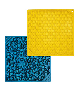 SodaPup Honeycomb Blue Jigsaw eMat Bundle - Durable Lick Mat Feeder Made in USA from Non-Toxic, Pet-Safe, Food Safe Rubber for Avoiding Overfeeding, Digestive Health, calming, More