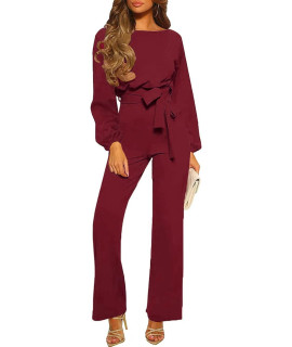 ZHUOFEI WomenAs casual Jumpsuits Loose Fit Belted Dressy Long Sleeve crewneck Autumn Jumpsuit Long Wide Legs Formal Rompers