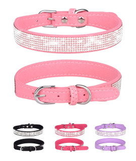 Dog Collar for Small Dogs, Adjustable Leather Suede Bling Dog Collars,Pink Dog Collar Cat Collar, Rhinestone Dog Collar(S, Pink)