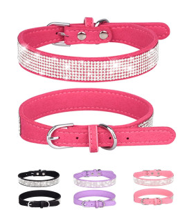 Dog Collar for Small Dogs, Adjustable Leather Suede Bling Dog Collars,Rose Red Dog Collar Cat Collar, Rhinestone Dog Collar (S, Rose red)