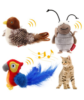 Gigwi Automatic Cat Toys Pack, Interactive Cat Toys Electronic Squeaky Animals Bird/Cricket/Red Parrot, Plush Toys for Cats to Play Alone, Play and Squeak Cat Toys for Indoor Cats Boredom, 3 Pcs
