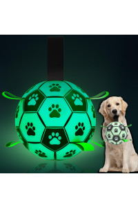 QDAN Glow in The Dark Dog Toys Soccer Ball with Straps, Interactive Dog Toys Puppy Birthday Gifts, Dog Tug Water Toy, Indoor/Outdoor Light Up Dog Balls for Small & Medium Dogs(8 Inch Size 3)