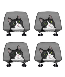 WIRESTER Set of 4 car Seat Head Rest cover, Protective Fabric Design cover Decoration for All cars - cute Black White Tuxedo cat