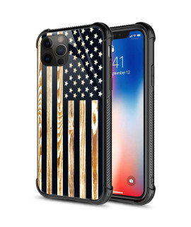 iPhone 11, Black gold Wood grain American Flag iPhone 11, Tempered glass Back+Soft Silicone TPU Shock Protective case for Apple iPhone 11