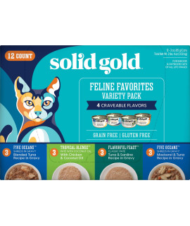 Solid Gold Wet Cat Food Variety Pack - Pate & Shreds in Gravy Recipes - Made with Real Chicken, Tuna & Mackerel for Sensitive Stomach & Immune Health - Canned, 12 Pack