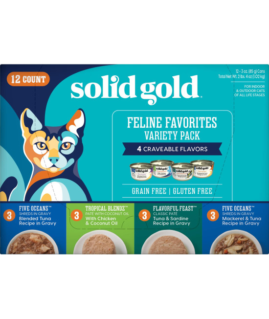 Solid Gold Wet Cat Food Variety Pack - Pate & Shreds in Gravy Recipes - Made with Real Chicken, Tuna & Mackerel for Sensitive Stomach & Immune Health - Canned, 12 Pack