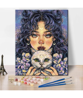 TISHIRON Paint by Numbers for Adults Beginner Students Kids, DIY Acrylic Paints Oil Painting for Bedroom Living Room DAcor Ideal gift -Moon girl Holding cat - Without Frame (16 x 20)