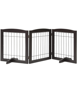 LZRS Oak Wood Pet gate with Door Walk Through, freestanding Wire pet gate for Doorways, Foldable Stair Barrier pet Exercise for Most Furry Friends, gate for Stairs, Support Feet Included,Espresso
