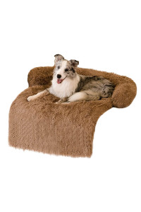 WELLYELO Dog Couch Bed Calming Dog Beds for Large Dogs and Cats Fluffy Plush Pet Beds for Sofa Furniture Protector with Nonskid Bottom, Washable Cover (41x37x6, Brown)