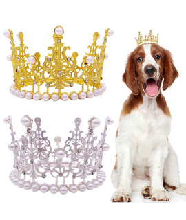 PET SHOW 2pcs Large Dog Crown Headband Sheep Big Pet Hat for Birthday Party Silver Gold Rhinestone Faux Pearl Crown for Boy Girl Wedding Hair Accessories Photo Prop Costume