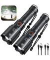 Rechargeable Flashlights High Lumen 2 Pack, 150000 Lumens Super Bright 5000mAh High capacity LED Flashlight with 5 Modes, Powerful Handheld Flash Light for camping Emergencies,Waterproof,Zoomable