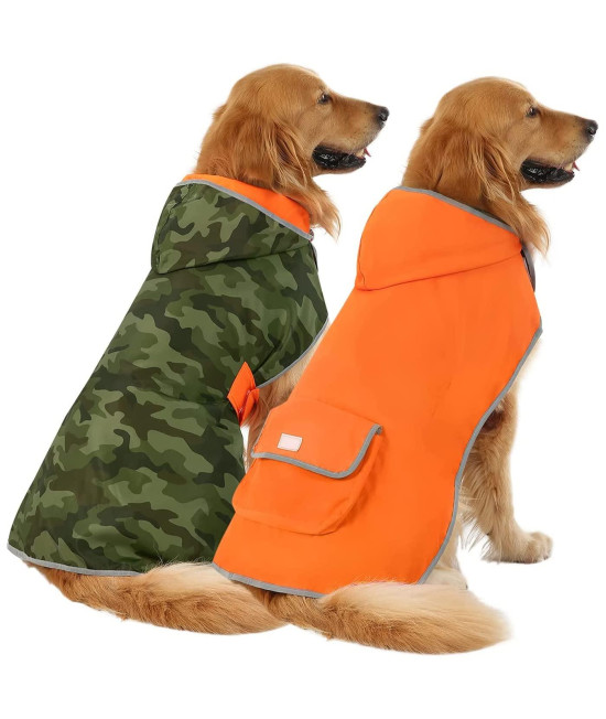 HDE Reversible Dog Raincoat Hooded Slicker Poncho Rain Coat Jacket for Small Medium Large Dogs Camo/Orange - 3XL