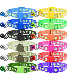 GAMUDA Cat Collars Breakaway Reflective, Super Soft Nylon Kitten Collars, Colorful Buckle, Adjustable Safety, Protect You Cat with Relective Footprint Design and Bell - Set of 12 (6-9)