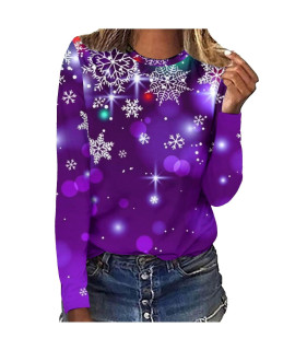 Womens Loose casual christmas T Shirts Merry christmas Print Blouses Long Sleeve crewneck Lightweight Tops Shirts Purple