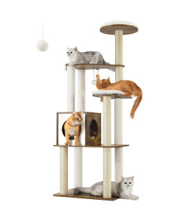 Feandrea WoodyWonders Cat Tree, 65-Inch Modern Cat Tower for Indoor Cats, Multi-Level Cat Condo with 5 Scratching Posts, Perch, Washable Removable Cushions, Cat Furniture, Rustic Brown UPCT166X01
