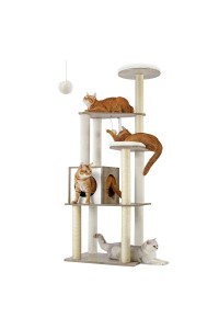 Feandrea WoodyWonders Cat Tree, 65-Inch Modern Cat Tower for Indoor Cats, Multi-Level Cat Condo with 5 Scratching Posts, Perch, Washable Removable Cushions, Cat Furniture, Greige UPCT166G01