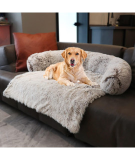 Dekeyoo Waterproof Dog Beds for Couch with Soft Neck Bolster, Universal Pet Furniture Cover, Sofa Bed Cover, Plush Dog Bed and More for Dogs and Cats, Machine Washable Gradient Brown X-Large