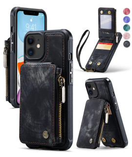 Strapurs iPhone 11 Wallet case with RFID Blocking, iPhone 11 Leather case with card Holder & Kickstand, Zipper Strap Double Button Flip Shockproof iPhone 11 Wallet case,Black