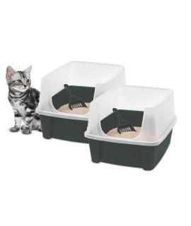 Iris Ohyama, Tray, Plastic Toilet with Carrying Handle and Shovel, L48.5 x W38 x H30cm, Set of 2, Raised Edges, CLH-12, for Cats, Grey