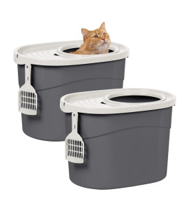 Iris Ohyama, 2 Pack, cat Litter Tray with Perforated lid, no Odor & Litter Spill, Large Entrance, Scoop Included, for cat - Top Entry cat Litter Box TEcL-20x2 - greyWhite