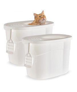Iris Ohyama, Plastic Litter Box with Top Entry, Scoop & and Lid, L52 x W37.5 x H36.5cm, Set of 2, BPA Free, Shovel Support, TECL-20, for Cats, White