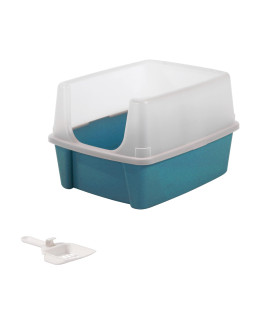 Iris Ohyama, cat Litter Tray with high Sides, no Litter Spill, Removable high Rim, Entrance Height: 15 cm, Scoop Included, for cat - cat Litter Box cLH-12 - Teal Blue