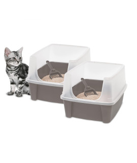 Iris Ohyama, 2 Pack, Cat Litter Tray with high Sides, no Litter Spill, Removable high Rim, Entrance Height: 15 cm, Scoop Included, for cat - Cat Litter Box CLH-12 - Taupe