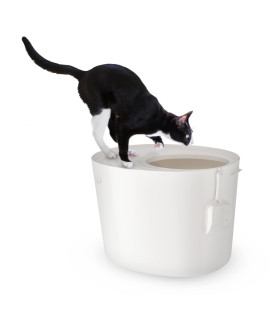 Iris Ohyama, Large Plastic Litter Box with Top Entry, Scoop Included and Slotted Lid, L53 x W41 x H37cm, Unit, BPA Free, Shovel Support, PUNT-530, for Cats, White