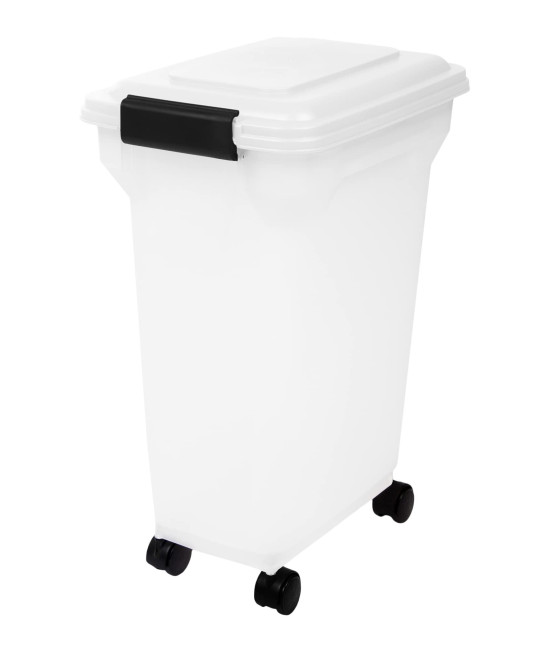 IRIS OHYAMA, Pet Food Storage Container 20 L for 7,5 kg, Flip-Up Lid, Airtight, Transparent, Shovel and Wheels, for Dog and Cat Food - Air Tight Food Container ATS-M - Black