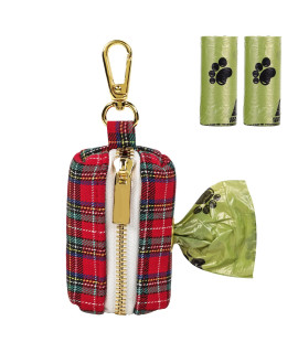 Unique style paws Christmas Plaid Dog Poop Bag Holder Reusable Waste Bag Dispenser for Travel,Park and Outdoor Use Includes 2 Roll Dog Poop Bags-Scotch Red