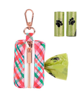 Unique style paws Christmas Plaid Dog Poop Bag Holder Reusable Waste Bag Dispenser for Travel,Park and Outdoor Use Includes 2 Roll Dog Poop Bags-Pink & Green