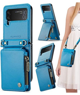 Vinich Samsung galaxy Z Flip 4 case, galaxy Z Flip 4 Wallet case with card Holder, galaxy Z Flip 4 case with Detachable Strap crossbody Zipper Pocket Kickstand for Women Men, Blue