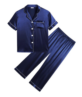 SWOMOg girls Boys Silk Satin Pajamas Set Button-Down PJs Two-Piece Lounge Sets Short Sleeve Sleepwear with Long Pants