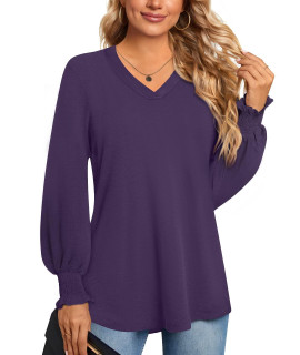Anyhold 2023 Fall Winter Womens casual Puff Long Sleeve Tunic Tops V-Neck Blouse Shirt with Smocked cuffs Medium, Dark Purple