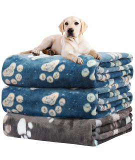 1 Pack 3 Blankets for Dogs, Dog Blankets for Large Dogs, Medium Dog Blanket Super Soft Fluffy Premium Fleece Pet Blanket Flannel Throw for Dog Puppy Cat Paw Blanket, Blue 2+Gray 1,31x41inch