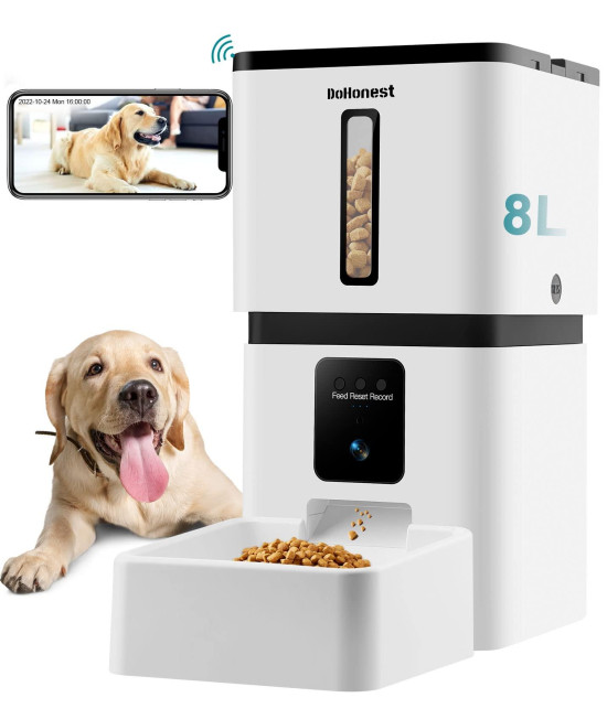 DoHonest Automatic Dog Feeder with Camera: 5G WiFi Easy Setup 8L Motion Detection Smart Cat Food Dispenser 1080P HD Video Recording 2-Way Audio Timed Pet Feeder App Control Night Vision S15