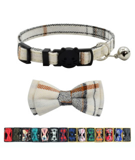 Cat Collar Breakaway with Bell and Bow Tie, Plaid Design Adjustable Safety Kitty Kitten Collars(6.8-10.8in)(White Plaid)