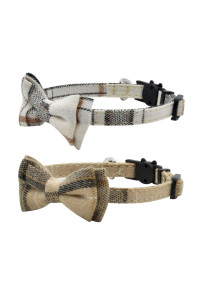 Cat Collar Breakaway with Bell and Bow Tie, Plaid Design Adjustable Safety Kitty Kitten Collars(6.8-10.8in) (White&Cream Color Plaid)