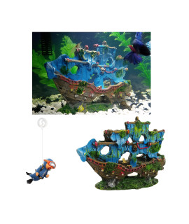 AWXZOM Aquarium Shipwreck Decoration + Little Diver Floating Fish Tank Decoration, Fish Tank hidout, Fish Tank Ornaments, Aquarium cave, Betta Decor