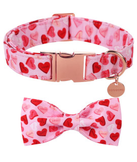 DOGWONG Valentine Dog Collar with Bow tie, Pink Heart Valentine Dog Collar Holiday Soft Durable Adjustable Cotton Puppy Collar for Small Medium Large Dog